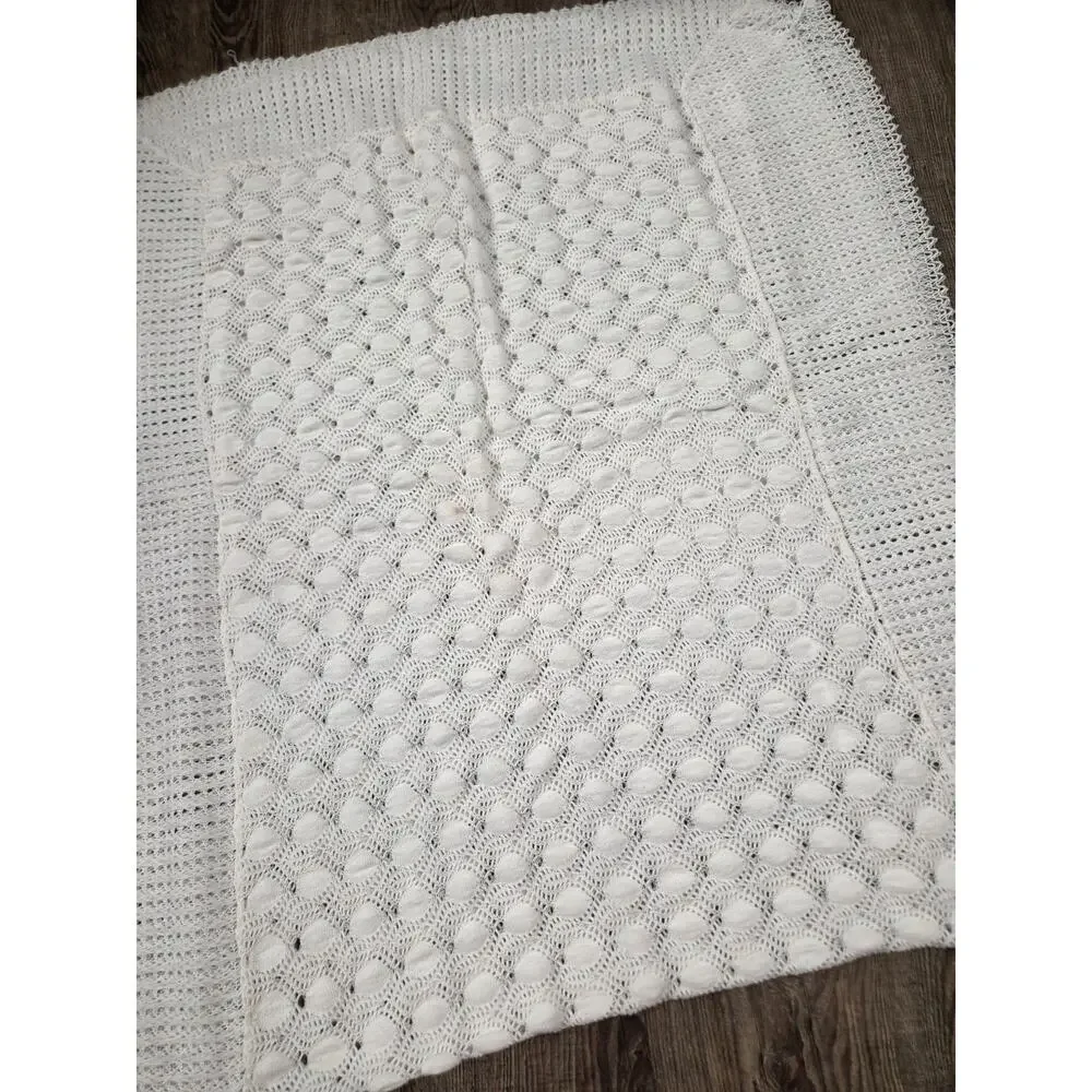 1950s 1960s Handmade White Baby Crocheted Baby Afghan Blanket in Vintage Box